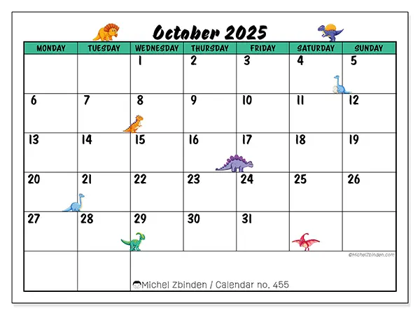 Free printable calendar n° 455, October 2025. Week:  Monday to Sunday