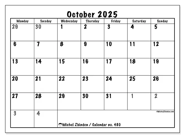 Free printable calendar no. 480, October 2025. Week:  Monday to Sunday