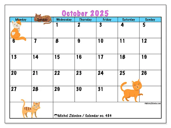 Free printable calendar no. 484, October 2025. Week:  Monday to Sunday