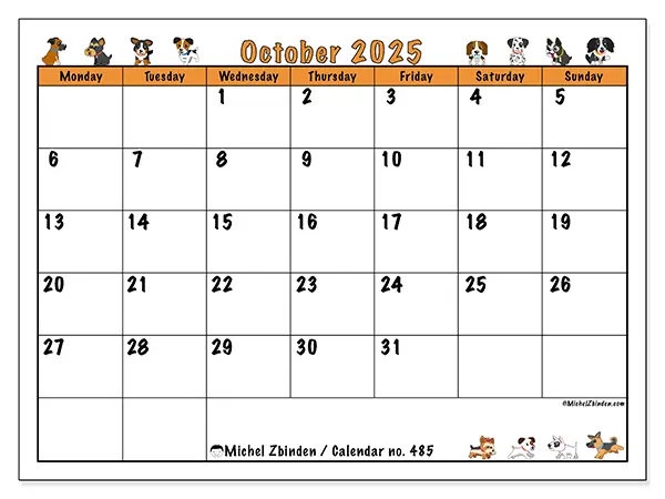 Free printable calendar no. 485, October 2025. Week:  Monday to Sunday
