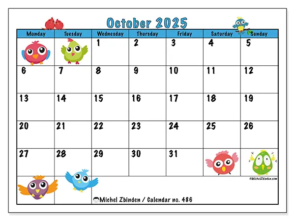 Free printable calendar no. 486, October 2025. Week:  Monday to Sunday