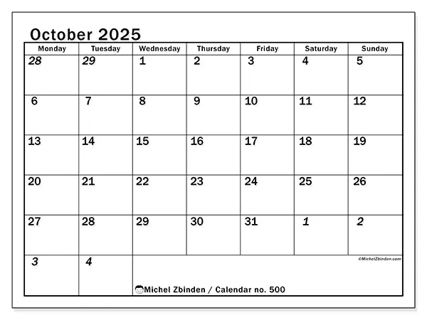Free printable calendar no. 500, October 2025. Week:  Monday to Sunday