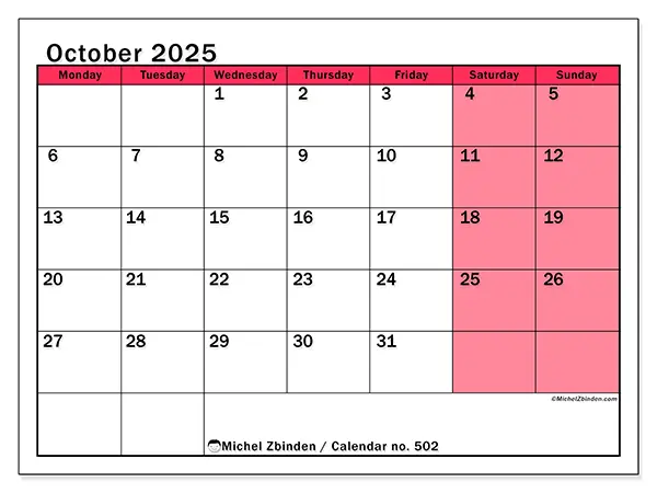 Free printable calendar no. 502, October 2025. Week:  Monday to Sunday