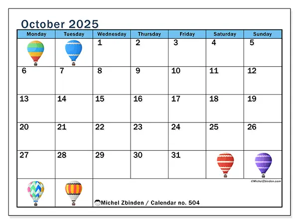 Free printable calendar no. 504, October 2025. Week:  Monday to Sunday