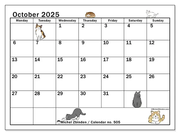 Free printable calendar no. 505, October 2025. Week:  Monday to Sunday
