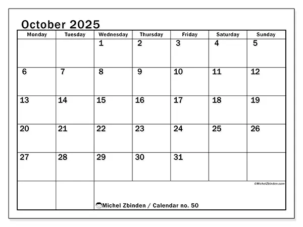 Free printable calendar no. 50, October 2025. Week:  Monday to Sunday