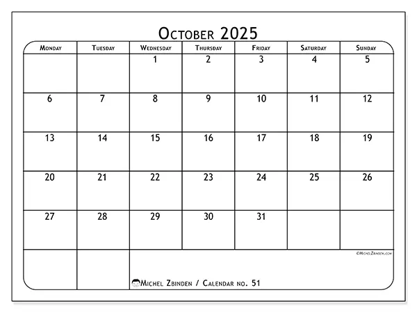 Free printable calendar no. 51, October 2025. Week:  Monday to Sunday