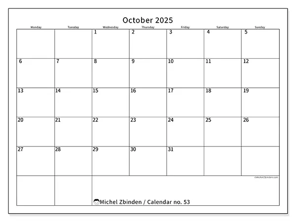 Free printable calendar no. 53, October 2025. Week:  Monday to Sunday