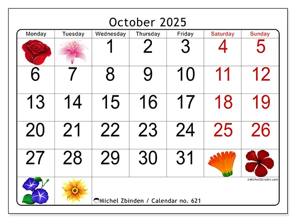 Free printable calendar no. 621, October 2025. Week:  Monday to Sunday
