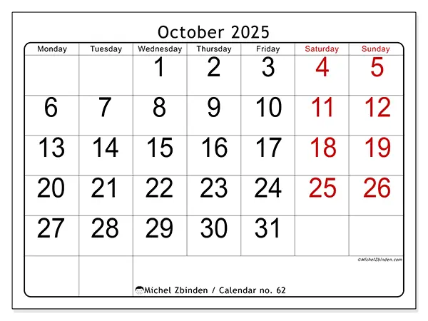 Free printable calendar no. 62, October 2025. Week:  Monday to Sunday