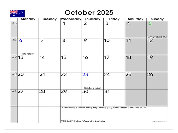 Free printable calendar Australia, October 2025. Week:  Monday to Sunday
