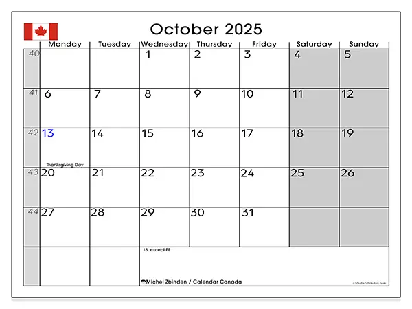 Free printable calendar Canada, October 2025. Week:  Monday to Sunday