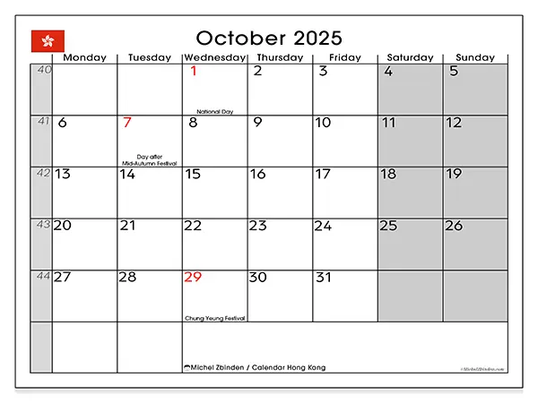 Free printable calendar Hong Kong, October 2025. Week:  Monday to Sunday