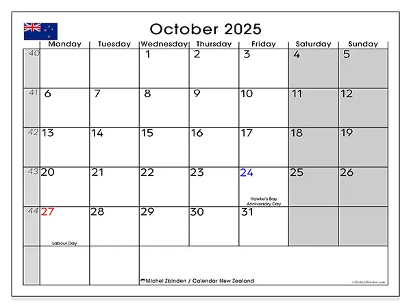 Free printable calendar New Zealand, October 2025. Week:  Monday to Sunday