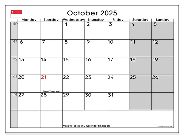Free printable calendar Singapore, October 2025. Week:  Monday to Sunday