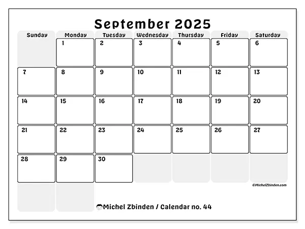 Free printable calendar n° 44, September 2025. Week:  Sunday to Saturday