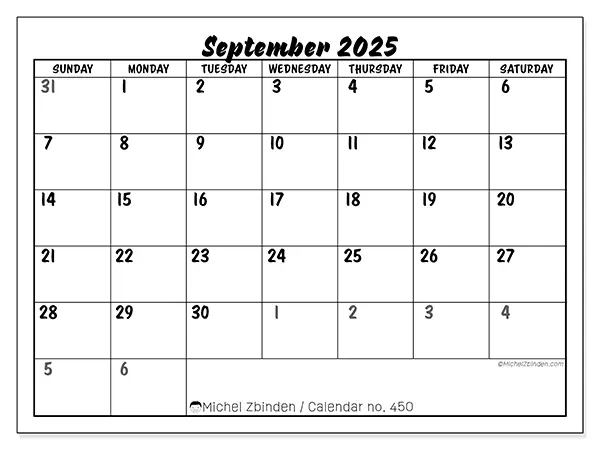 Free printable calendar n° 450, September 2025. Week:  Sunday to Saturday