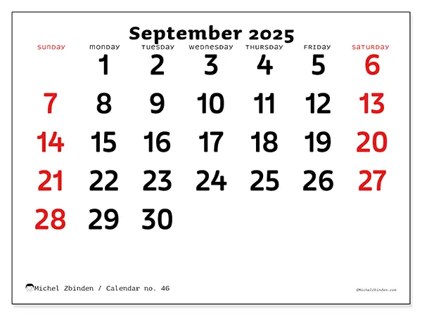 Free printable calendar no. 46, September 2025. Week:  Sunday to Saturday