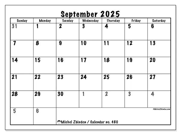 Free printable calendar no. 480, September 2025. Week:  Sunday to Saturday