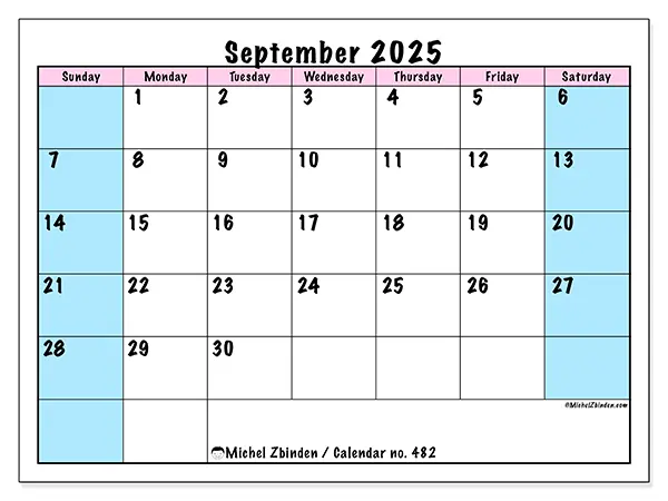 Free printable calendar no. 482, September 2025. Week:  Sunday to Saturday