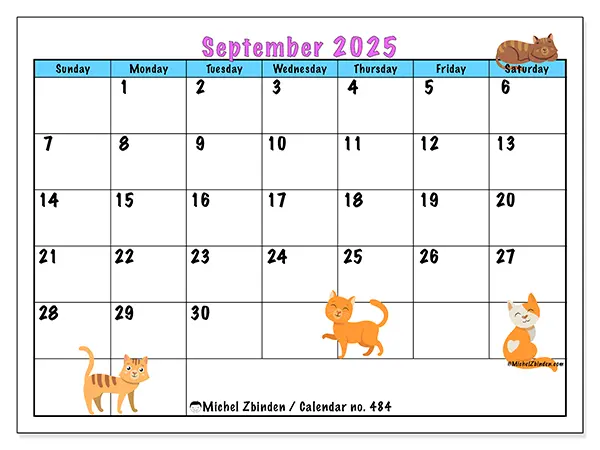 Free printable calendar no. 484, September 2025. Week:  Sunday to Saturday