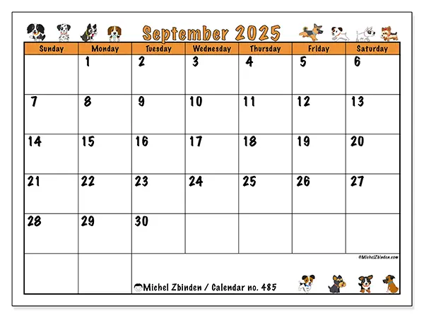 Free printable calendar no. 485, September 2025. Week:  Sunday to Saturday