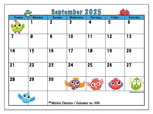 Free printable calendar no. 486, September 2025. Week:  Sunday to Saturday