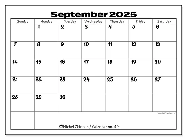 Free printable calendar no. 49, September 2025. Week:  Sunday to Saturday