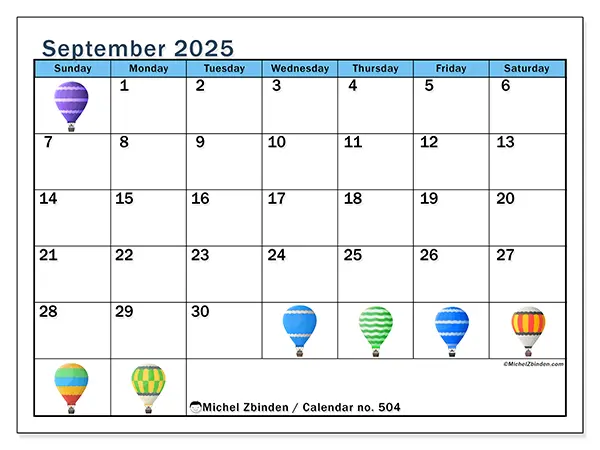 Free printable calendar no. 504, September 2025. Week:  Sunday to Saturday