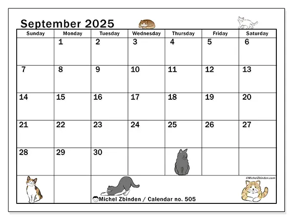 Free printable calendar no. 505, September 2025. Week:  Sunday to Saturday