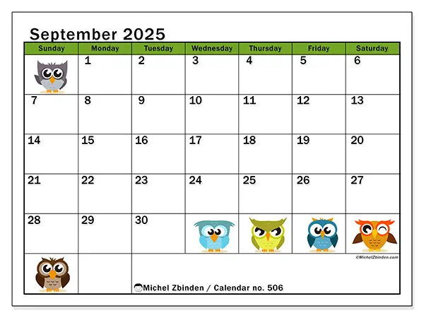 Free printable calendar no. 506, September 2025. Week:  Sunday to Saturday