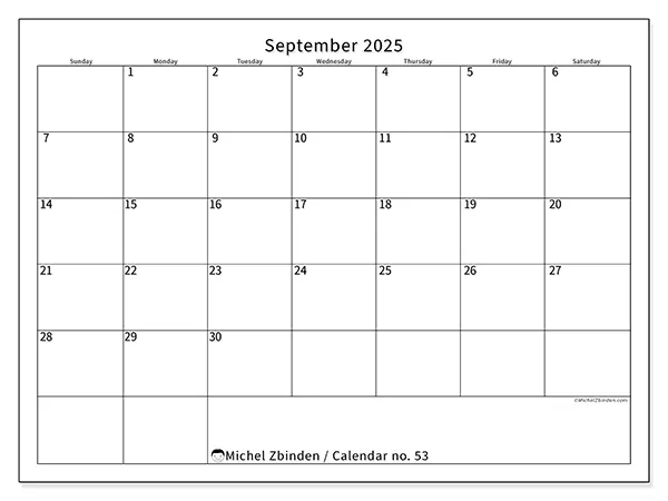 Free printable calendar no. 53, September 2025. Week:  Sunday to Saturday