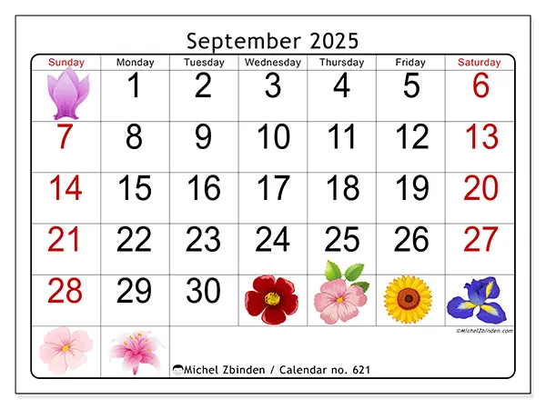 Free printable calendar no. 621, September 2025. Week:  Sunday to Saturday