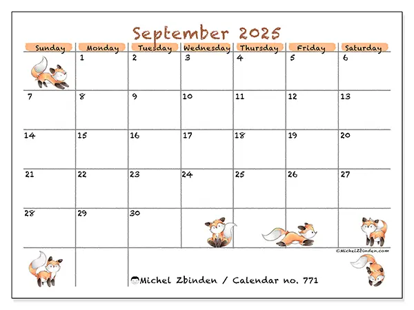 Free printable calendar no. 771, September 2025. Week:  Sunday to Saturday