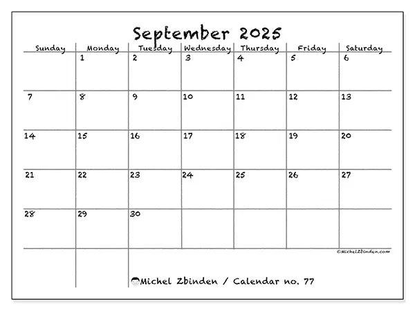 Free printable calendar no. 77, September 2025. Week:  Sunday to Saturday