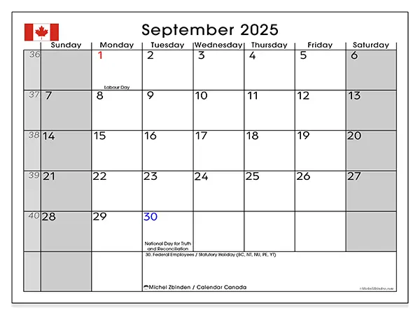 Free printable calendar Canada, September 2025. Week:  Sunday to Saturday