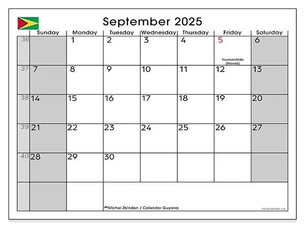 Free printable calendar Guyana, September 2025. Week:  Sunday to Saturday