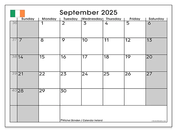 Free printable calendar Ireland, September 2025. Week:  Sunday to Saturday