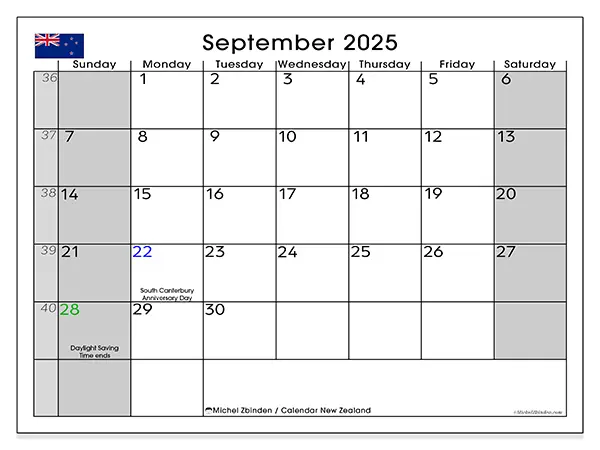 Free printable calendar New Zealand, September 2025. Week:  Sunday to Saturday