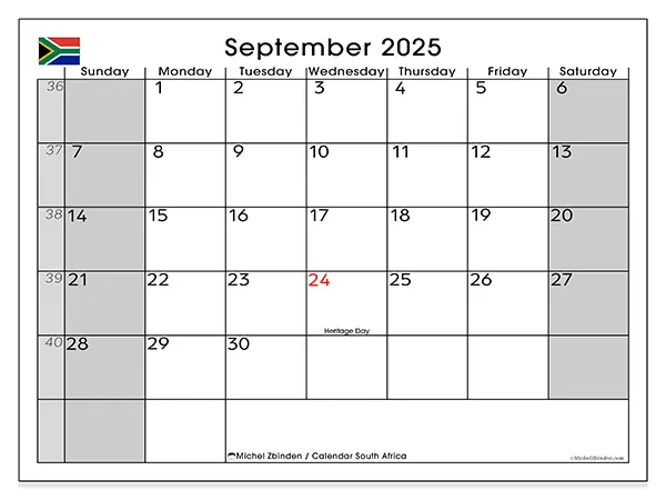Free printable calendar South Africa, September 2025. Week:  Sunday to Saturday