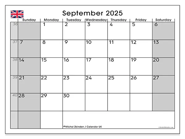 Free printable calendar UK, September 2025. Week:  Sunday to Saturday