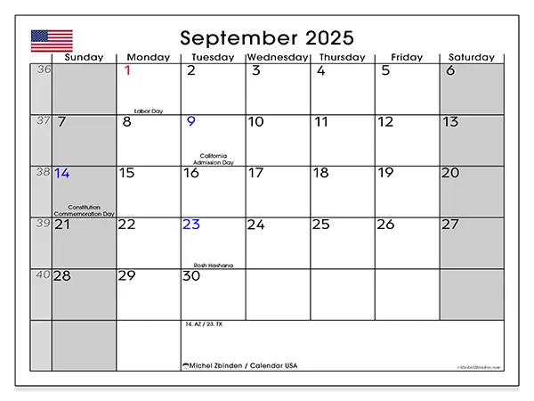 Free printable calendar USA, September 2025. Week:  Sunday to Saturday