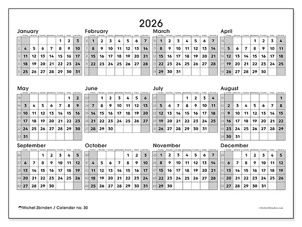 Printable Annual calendar 2026 - Complete organization - Week: Sunday to Saturday