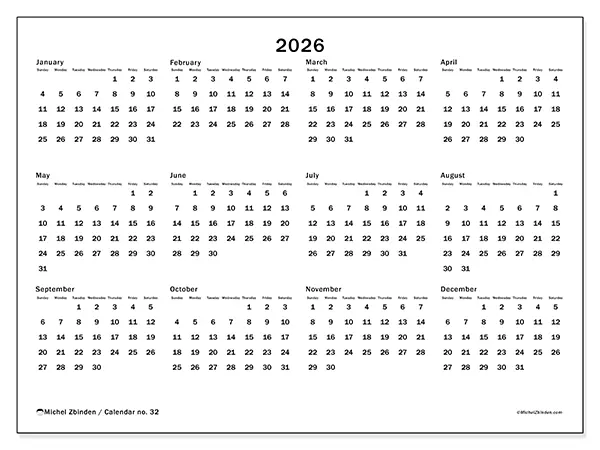 Printable Annual calendar 2026 - Global organization - Week: Sunday to Saturday