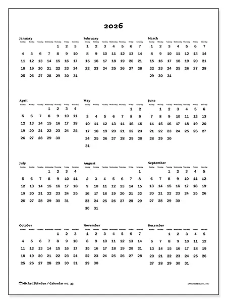 Printable Annual calendar 2026 - Global overview - Week: Sunday to Saturday