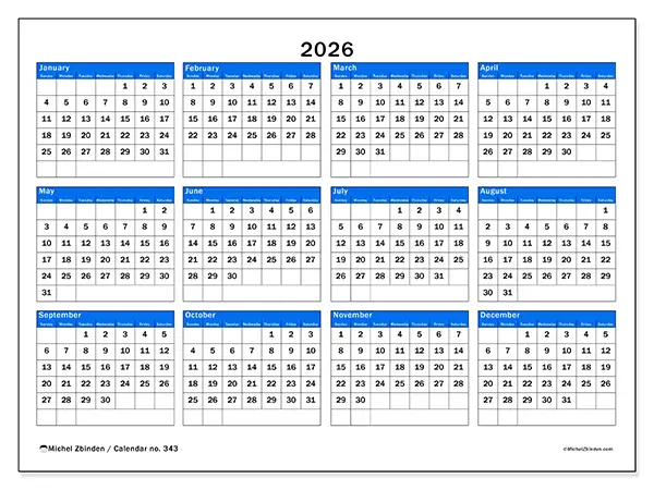 Printable Annual calendar 2026 - Strategic overview - Week: Sunday to Saturday