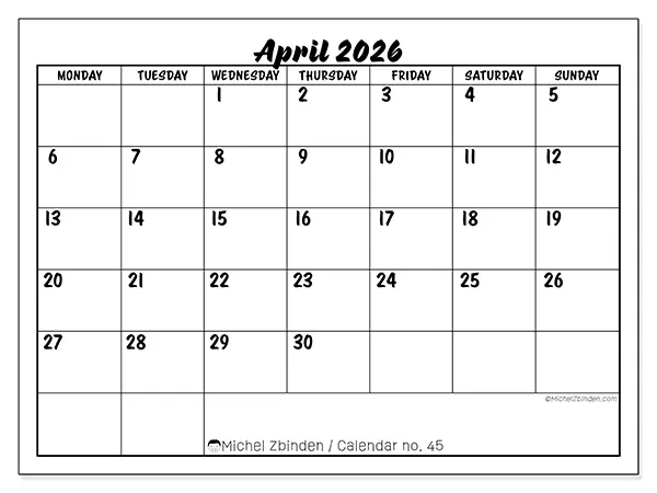 April 2026 Calendar - Michel Zbinden EN