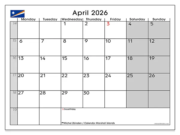 April 2026 calendar - Marshall Islands - Michel Zbinden EN