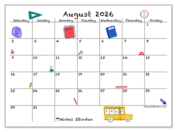 Printable August 2026 calendar - Back to school - Week: Sunday to Saturday