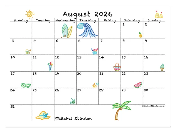Printable August 2026 calendar - Sunny holidays